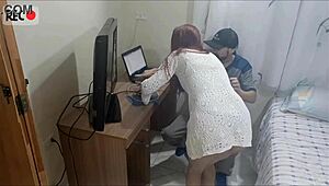 Redhead in uniform receives horny maintenance guy alone at home, hidden camera