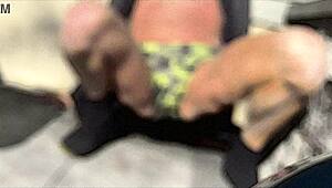 Blurry sketchy stretching and strip outside in underwear in mild winter