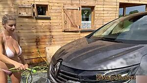 Bikini milf washes car, plays naked with foam on tits