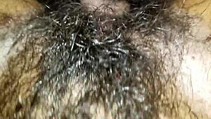 Hairy creamy pussy gets worked over in a steamy wife encounter.