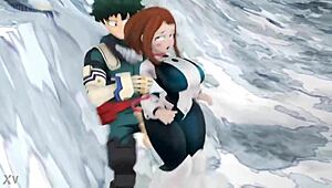 Ochako Uraraka dostáva rýchly blowjob a creampie od Midorilly v intenzívnej anal scéne. Assfucking a oral ju privádzajú k orgazmu.