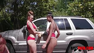 Old man hires teen carwash cuties for steamy gangbang fun
