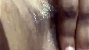 pov close-up of wet creamy clit play with perky tits