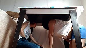 Hidden Under Table for Lesbian Masturbation
