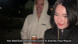 Teen 18+ amateurs give blowjob to stranger, swallowing cum in throat after street walk.