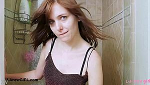 sweet teen brunette gets cozy on sofa after steamy shower