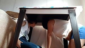 Hidden Under Table for Lesbian Masturbation