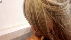 blonde teen's tongue fucks guy's urethra in bathroom pov