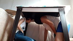 Hidden Under Table for Lesbian Masturbation