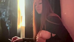 Horny MILF Artemisia flaunts big boobs, smokes cigarettes