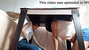Hidden Under Table for Lesbian Masturbation