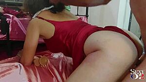 french amateur slut in red dress and pink panties spanked doggystyle