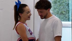Cheerleader risa may gags, rides, and sucks cock