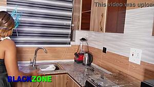 in the kitchen, this ebony beauty with small waist captivates