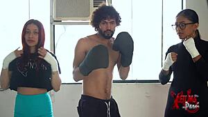 Hot girls suck the cock of a boxing coach in an incredible way