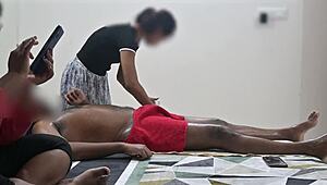 Happy ending massage right before customer lady's eyes