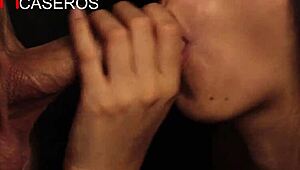 Closeup blowjob milks big dick with tongue skills