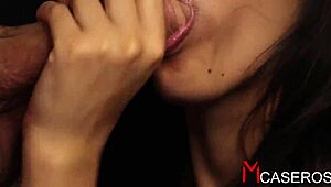 Closeup blowjob milks big dick with tongue skills