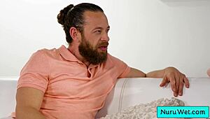 Sexy blonde masseuse Sonia Harcourt rubs tits on Brad Newman during nuru massage