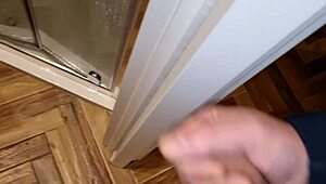 I'm so horny and naked in my cum-stained t-shirt, jerking off while my stepsister watches