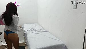 Doctor in uniform dominates with dildo fucking in hospital roleplay