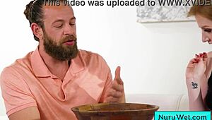 Sexy blonde masseuse Sonia Harcourt rubs tits on Brad Newman during nuru massage