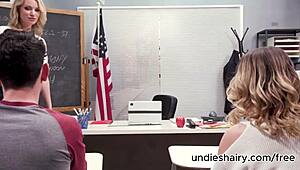 busty mature teacher forces student into hardcore pussy licking and threesome