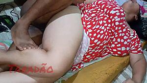 Latina BBW with big natural tits gets uncensored handjob and hairy pussy licked in homemade clip.