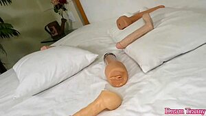 Tranny Bella Atrix slams dildo in butt while jerking