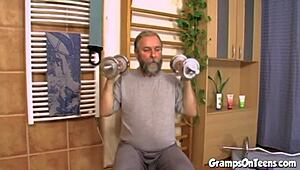 Petite Teen Fucks Grandpa Hard at the Gym in Public Action.