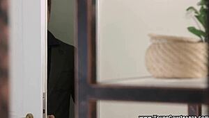 sonya sweet in stockings and lingerie gives a blowjob, then kisses and does hardcore doggystyle in the boudoir with her shaved teen body