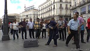 Petite Spanish slut dominated in public kinky bondage punishment session.