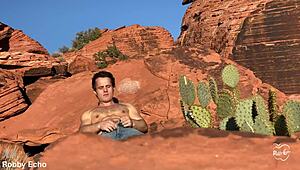 the guy enjoys outdoor anal masturbation in the fresh air.