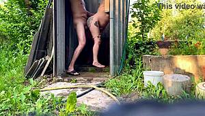 I fucked a pregnant woman in the shower, her big tits bouncing wild outdoors