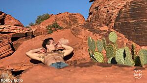 the guy enjoys outdoor anal masturbation in the fresh air.