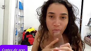 beautiful latina babysitter in see through outfit enjoys milk treat