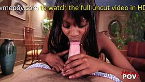 tiny ebony babe deepthroats white cock in pov