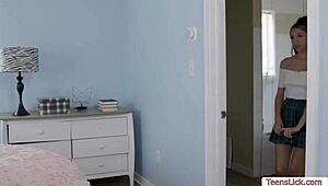 Damn! Petite teen brunette gets licked wild by frat buddy!