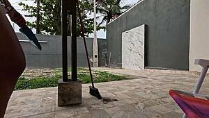 Wife in tight clothes cleans house and receives cum in mouth