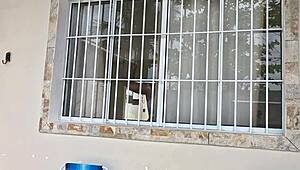 Wife in tight clothes cleans house and receives cum in mouth