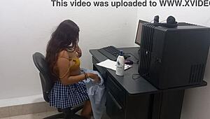 Feeling the heat while studying computer classes in scantily clad uniform, my big natural tits exposed and hot body aching for attention