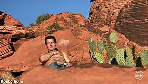 the guy enjoys outdoor anal masturbation in the fresh air.