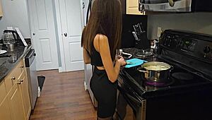 Petite step sister in black dress banged hard in kitchen