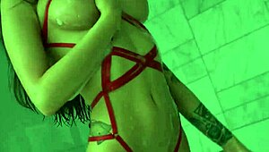 busty russian babe megan teases with big tits in bathtub lingerie