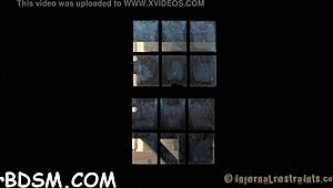 captivating brunette slave masturbates wet pussy with vibrator in bdsm blowjob hardcore