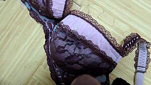 Cumshot lands on my step sister's pink leopard print bra and black lingerie