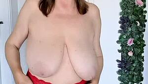 Groovy Granny MariaOld Flaunts Huge Tits in Red Stockings