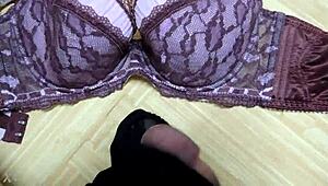 Cumshot lands on my step sister's pink leopard print bra and black lingerie