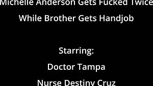 Michelle Anderson, get fucked twice while your brother enjoys a handjob backstage.