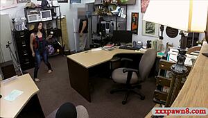 Watch the hot latina get screwed by the nasty pawn keeper on hidden cam with monster cock blowjob